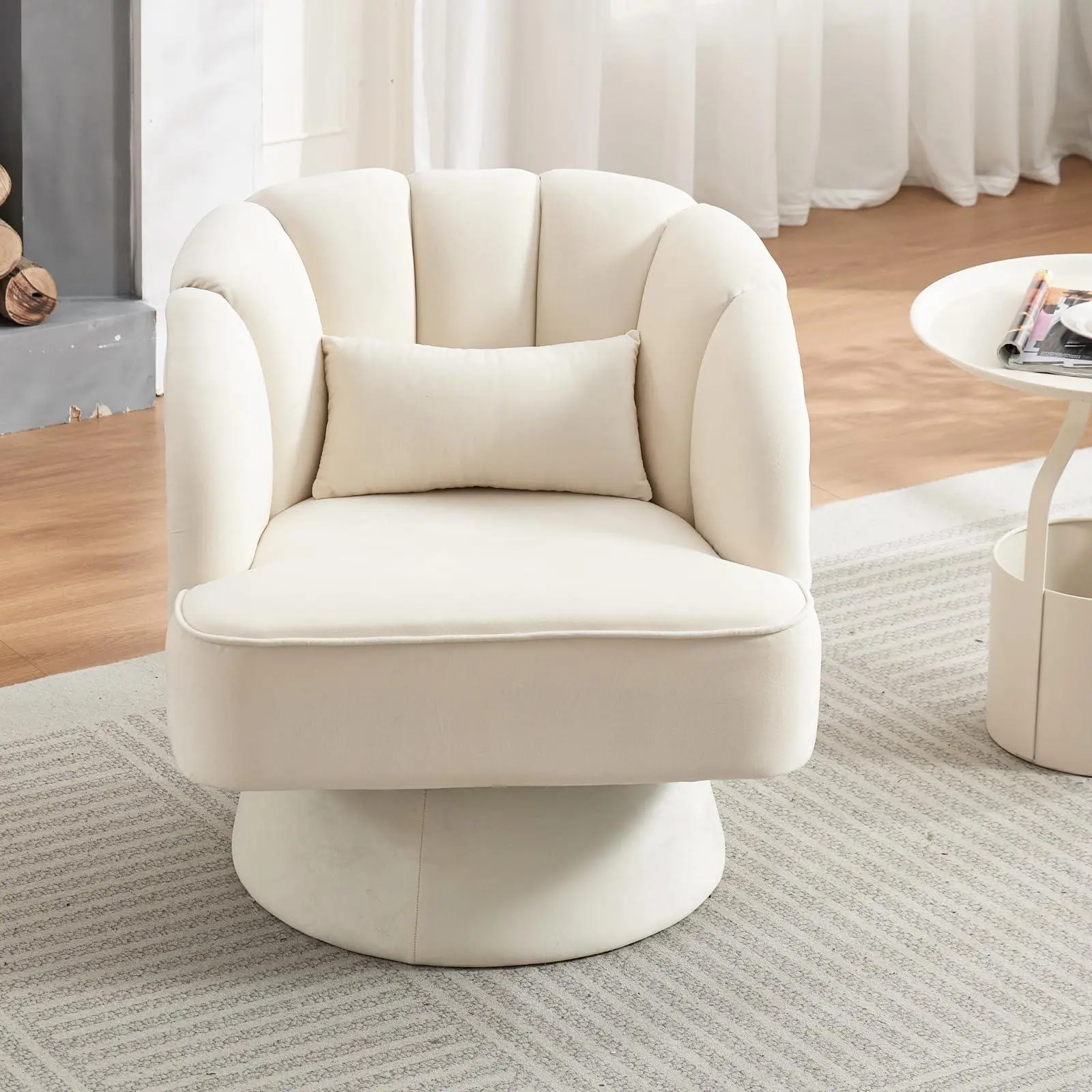 GAOMON Modern Swivel Barrel Accent Chair, 360 Degree Velvet Upholstered Armchair with Striped Backrest & Plush Padding, Comfy Round Lounge Chair for Living Room, Bedroom, Reading Nook, Beige