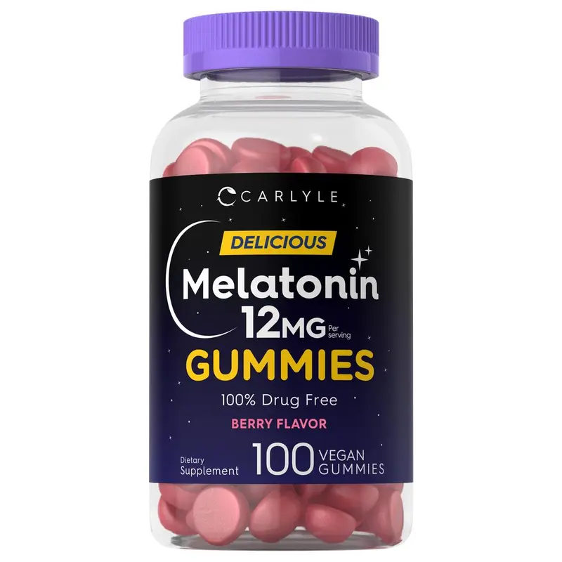 Carlyle Melatonin Gummies 12mg | 100 Count | Berry Flavor | Vegan Supplement | Non-GMO, Gluten Free