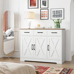 HOSTACK Modern Farmhouse Sideboard Buffet Cabinet, Barn Doors Buffet Storage Cabinet with Drawers and Shelves, Wood Coffee Bar Cabinet with Storage for Kitchen, Dining Room