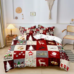 3pcs Red & Black Plaid Christmas Bedspread Set With Reindeer, Houndstooth & Herringbone Patterns - Breathable Polyester Duvet Cover & 2 Pillowcases, All-Season Bedding For /S, Modern Bedding Set, Holiday Gift (No Comforter Included)