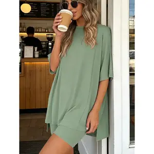 [2026]Women's Summer Two-Piece Set Casual Oversized Crewneck Split Hem Shirts & Side Pocket Biker Shorts Minimalist Lounge Wear Soft Viscose Fabric Comfy Homewear Cozy Pjs Green