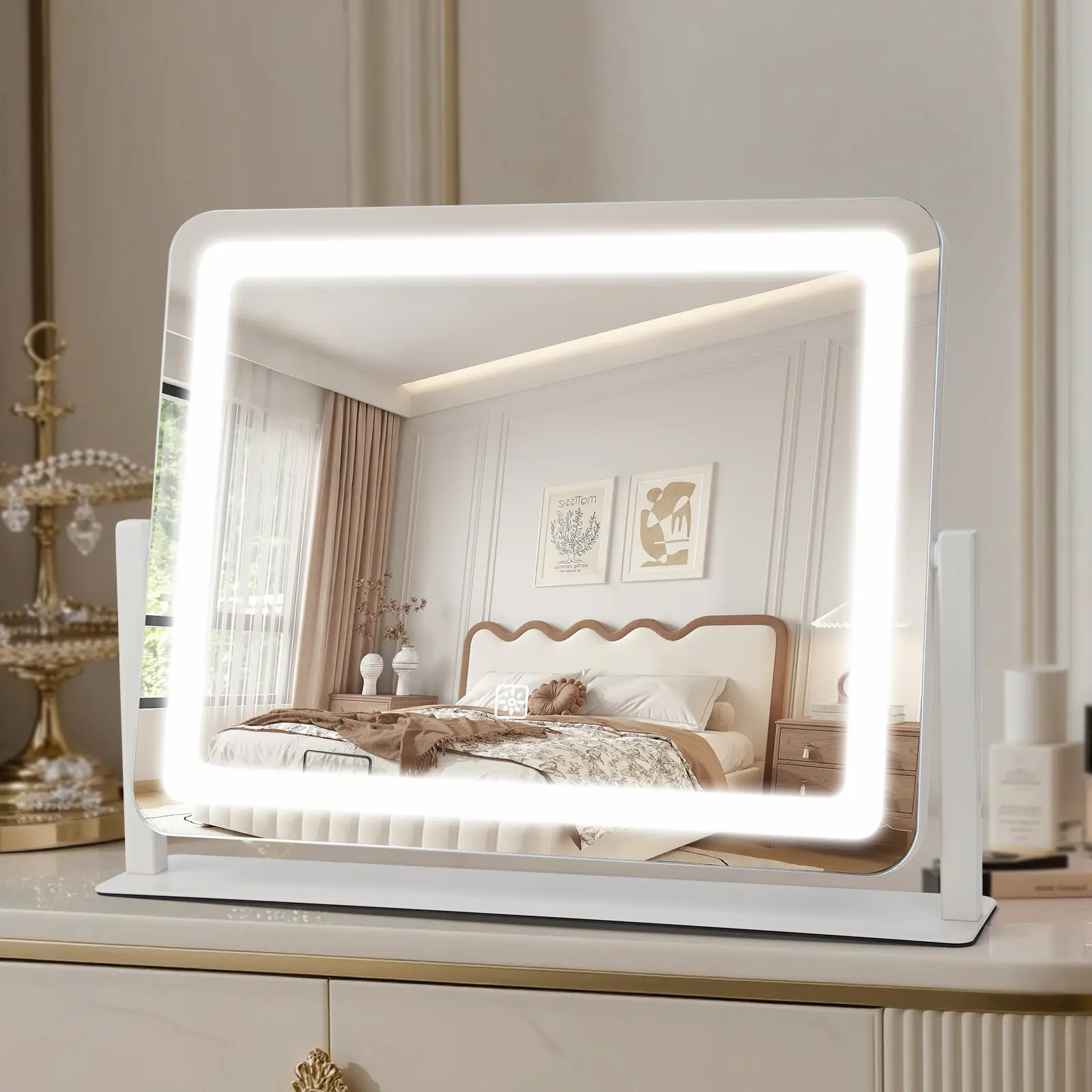 Vanity Mirror with Lights, 16×12in Rechargeable 3000mAh LED Makeup Mirror, 10X Magnification, Smart Touch Control 3-Color Bright Lights, 360° Rotatable for Bedroom Desk White Decor, Office Use, Mirror For Bedroom