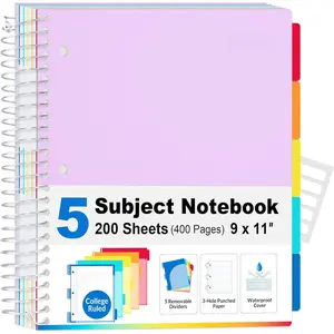 5 Subject Notebook College Ruled - 400 Pages, 9"x11", 5 Pocket Colored Dividers, 3-Hole Punched Paper,