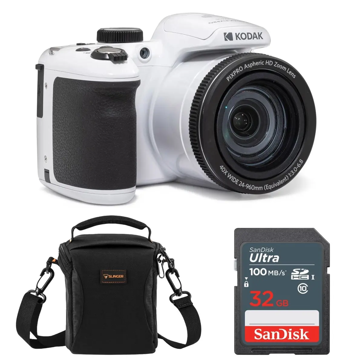 Kodak PIXPRO AZ405 Astro Zoom High-Resolution LCD HD Digital Point & Shoot Camera - White, Durable Lens, Bundle with 32GB Memory Card, Camera Bag