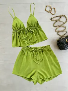Women's V Neck Drawstring Tank Top & High Waist Shorts Matching Set, Outfit, Adjustable, Sweet Casual Solid Color, Youthful Style, Perfect for Daily Wear