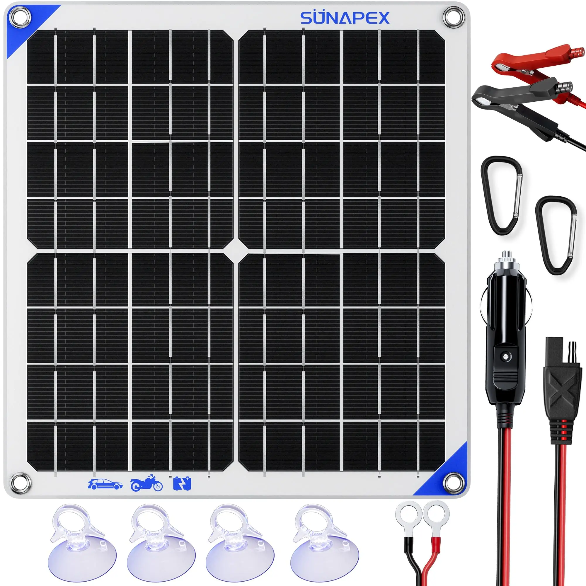 SUNAPEX 20W 12V High Efficiency Monocrystalline Flexible Off Grid Solar Battery Charger Maintainer, Waterproof Trickle Charger with Built-in Controller, Cig Plug, Alligator Clips, O-Rings for Car, Truck, Boat, Flexible Solar Panel, Monocrystalline Solar P
