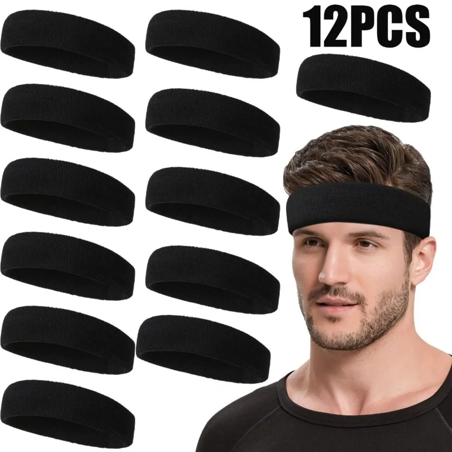 12Pcs Cotton Stretchy Sweat Bands for Head, Terry Cloth Moisture-Wicking Athletic Headbands, Thick Fabric Lasts Washes Training Workout Accessories for Motorcycle Riders, Stretchy Headbands, Training Headband