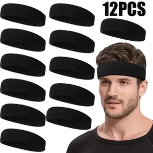 12 Packs Black Sweatbands, Cotton Sports Headbands Women, Moisture Wicking Athletic Headband for Athletic Exercise, Tennis, Running, Basketball, Working Out, Yoga outdoor clothing accessory workout headband,summerwins