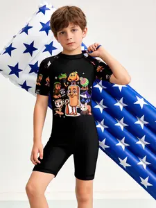Boys' Cute Cartoon Print Swimwear Set, Tight-Fitting Swimsuit + Cap 2-Piece, Birthday Gift, World Book Day Present