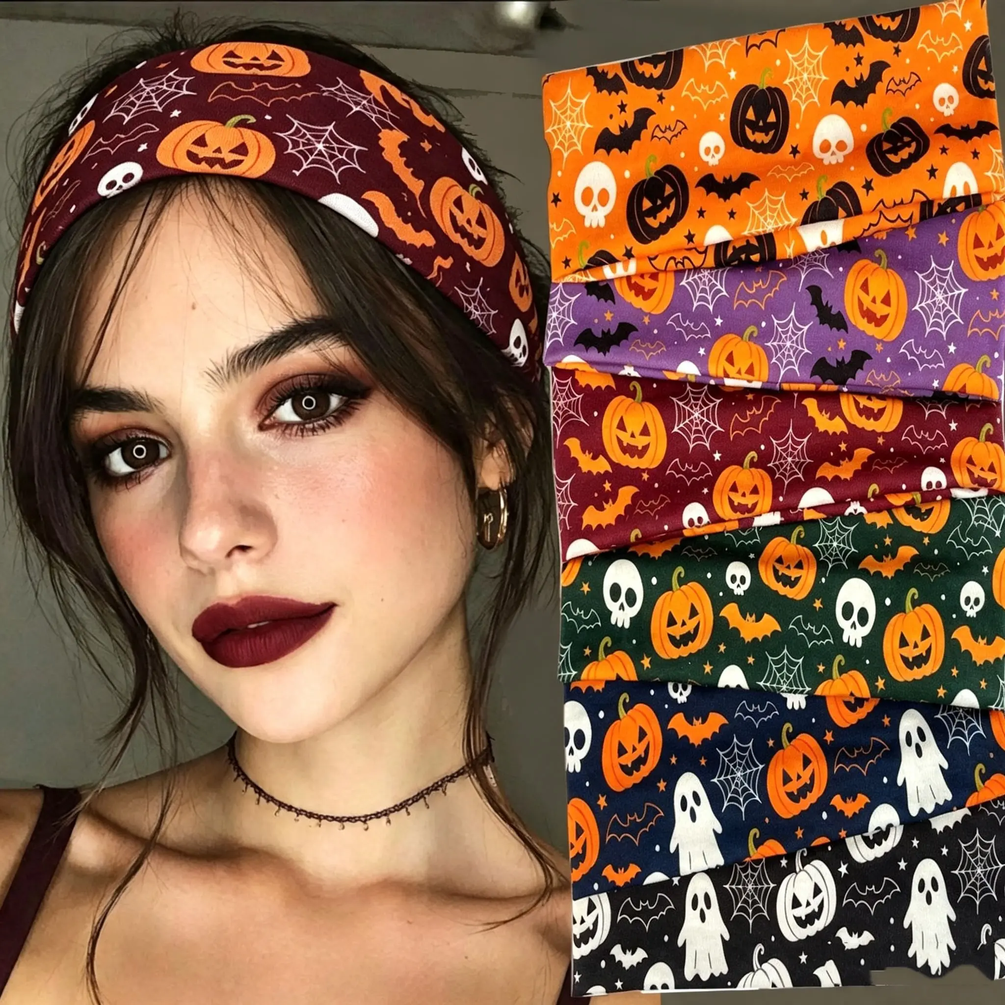 Halloween Stretchy Headband Cute Pumpkin Skull Bat Spider Web Printed Hair Band Fashion Elastic Turban For Women Holiday Party Cosplay Outfit Accessory Perfect Costume Gift