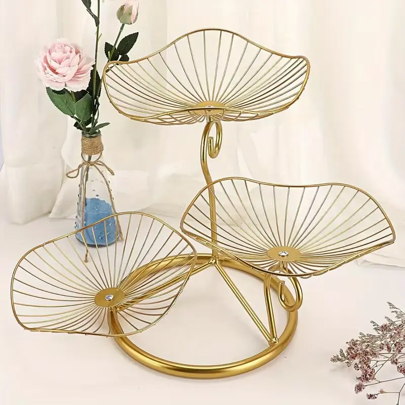 3-tier fruit and vegetable basket organizer, multi-purpose tray with wire storage baskets for onions, potatoes, fruit, seasonings and kitchen condiments, gold pantry produce rack