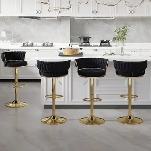 Bar Stools Set Of 2, Adjustable Barstools Counter Height Stools With Back And Arm, Velvet Woven Kitchen Island Stools W/Gold Metal Leg & Base, 360° Swivel Bar Chair