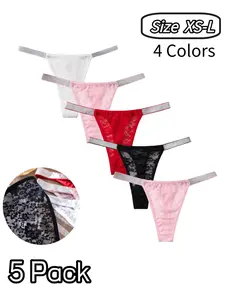 Women's Lace Thong Panties Set, Sexy Sheer Mesh Design, Comfortable Breathable Everyday Wear, All-Seasons Slim Fit Underwear, Pack of 5, Underwear Sets, Breathable Soft Underwear, Breathable Lace Knicker