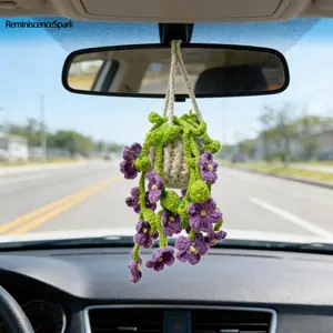 1pc Unique Handmade Crochet Floral Car Hanging Charm – Boho Purple Violet & Green Leaf Design, Air Freshener Ornament for Car Interior, Daily Commute & Travel Styling