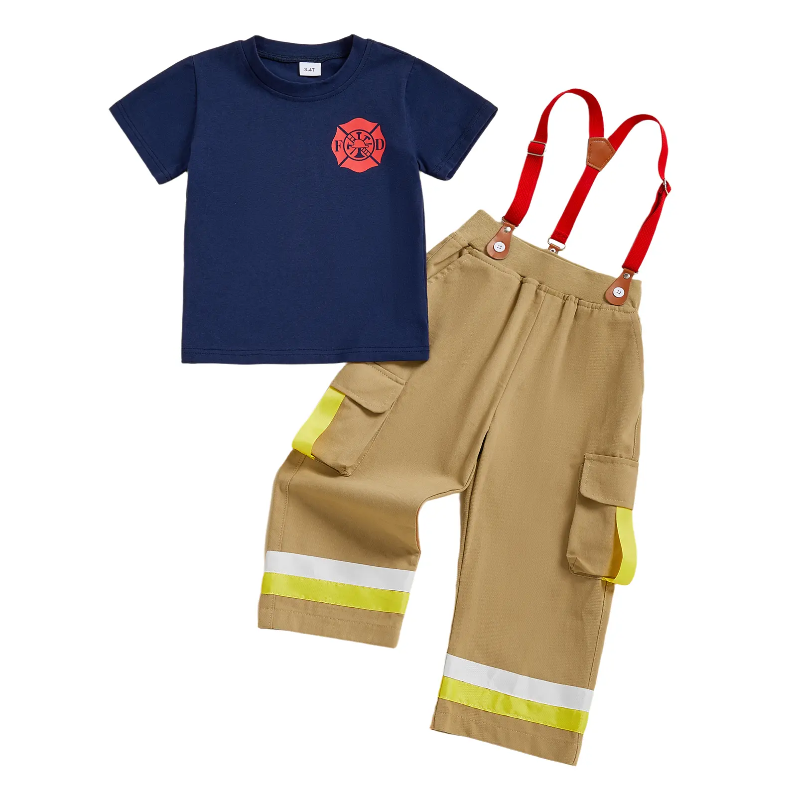 Babamoon Unisex Toddler Firefighter Costume Set - Cotton-Rich Top Feels Soft All Day, Quick Dress Short-Sleeve T-Shirt & Suspender Pants Overalls, Single Set Keeps Costumes Simple for Halloween, Birthday, Quick Dress Set