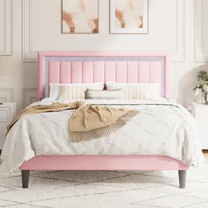SHA CERLIN LED Platform Bed Frame with Velvet Headband Rhinestone Trim, No Box Spring Needed, Full Queen King, Queen Bed Frame