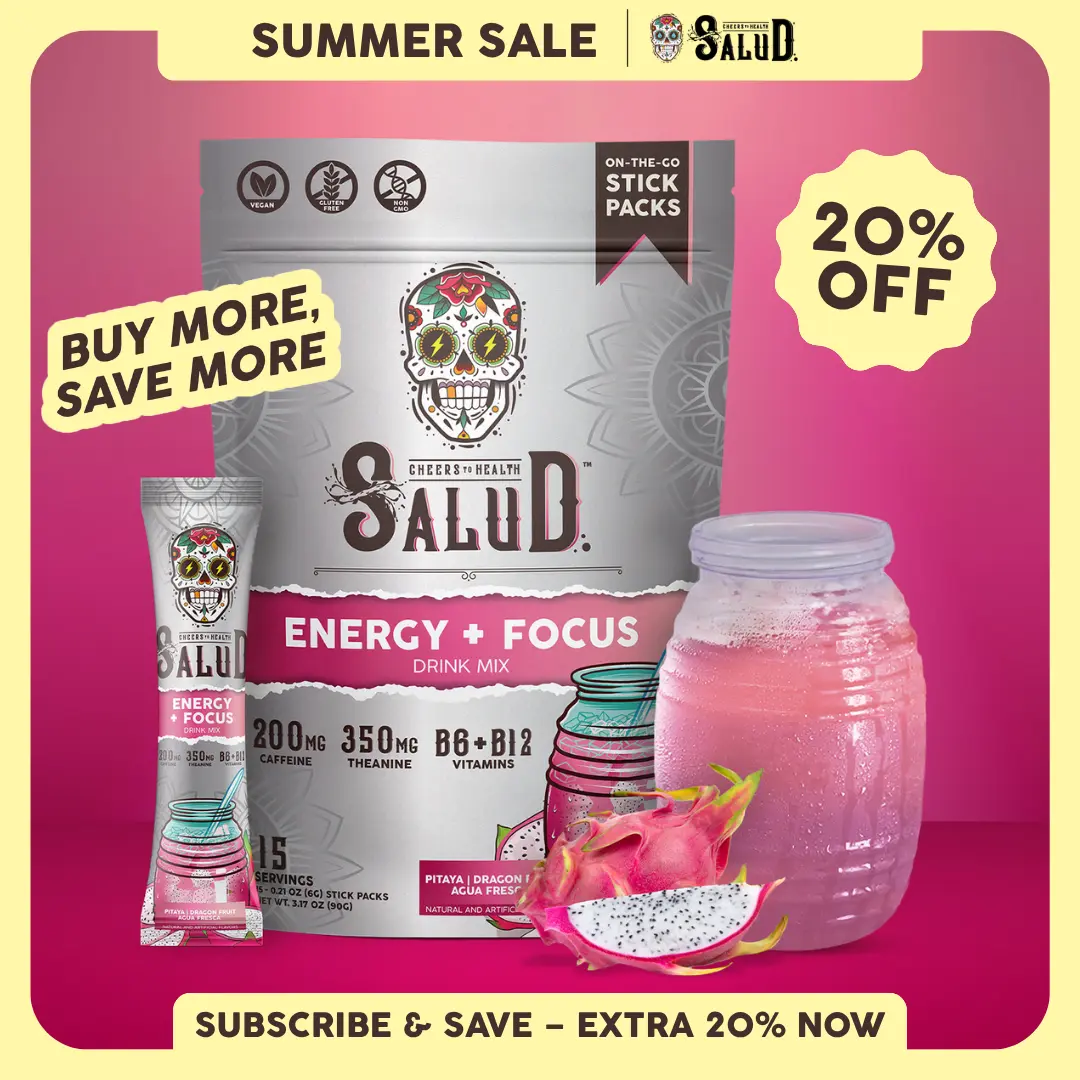 Salud 2-in-1 [Energy + Focus - Pitaya | Dragon Fruit] Clean Energy Drink Mix, Agua Fresca, Organic Caffeine (200mg), L-Theanine (350mg), L-Tyrosine, Vegan, Non-GMO, Gluten Free, Low Calorie, 1g Sugar (15 Servings)