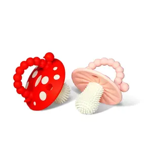 Soft Silicone Infant & Baby 3M+ Teether Toy Massaging Bristles Teething Relief Pacifier - Soothes Sore Gums - Hands-Free & Easy-to-Hold Chompy Teether, BPA Free (RED/Pink)