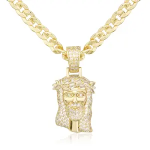 TANTIUE 14K Gold Plated Jesus Pendant for Men, 5A Cubic Zirconia Iced Out Cuban Chain Necklace for Men Women, Bling Rap Style Couple Jewelry