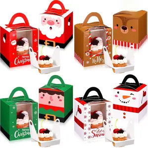 24 Pcs Christmas Cupcake Cookie Boxes with Window Insert Handle Muffin Pastry Holder Xmas Cupcake Gift Box Bakery Treat Boxes for Christmas Party(Snowman)