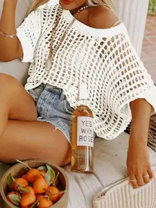 Womens Summer Scoop Neck Short Sleeve Sweater Casual Crochet Hollow Out Knit Tops Pullover Shirts Beach Coverup