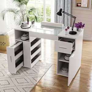Professional Manicure Table Nail Desk Station With Glass Top & Wrist Cushion, Acetone Resistant Nail Table With Wheels & Storage Cabinet