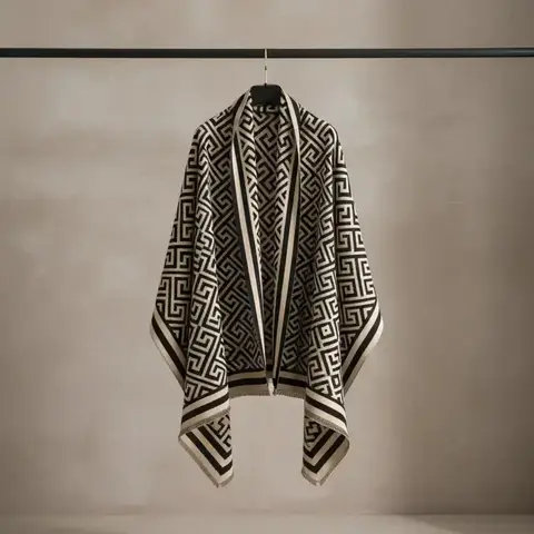 Boho Style Geometric Pattern Double Sided Thickened Shawl, Casual Soft Warm Long Scarf, Fashionable Scarf, Textured Blanket Scarf for Fall & Winter, Fashion Accessories for Women & Men