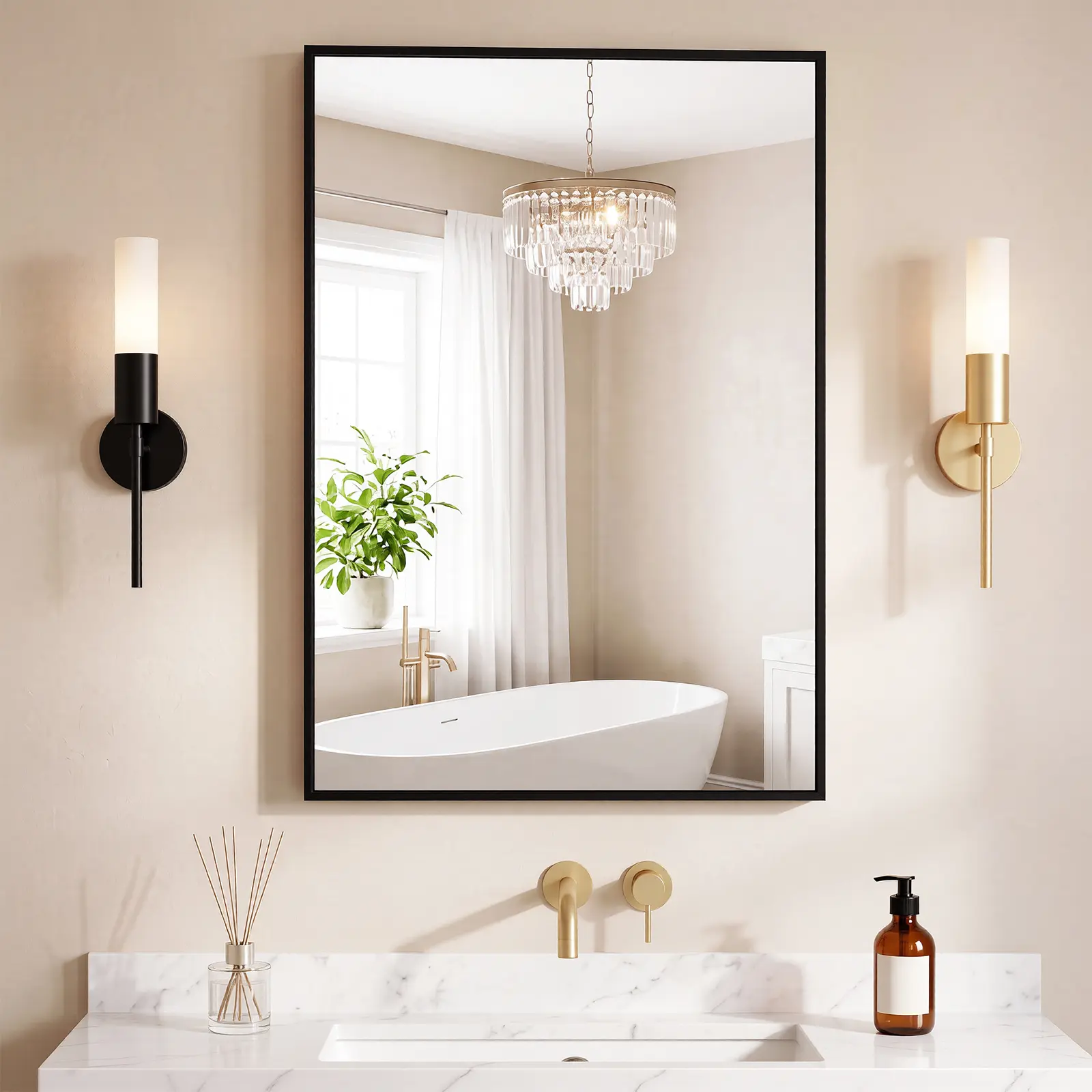 Recessed Groove Aluminum Framed Bathroom Mirror, Shatter-Proof Tempered Glass Wall Mount Vanity Mirror, Horizontal & Vertical Mount Anti-Corrosion Rectangular Mirror for Bathroom Entryway