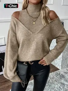 Women's Plain Fitted Cut Out High Neck Turtleneck Sweater, Casual Drop Shoulder Long Sleeve Jumper for Fall & Winter, Fashion Ladies' Knitwear for Daily Wear, Womenswear