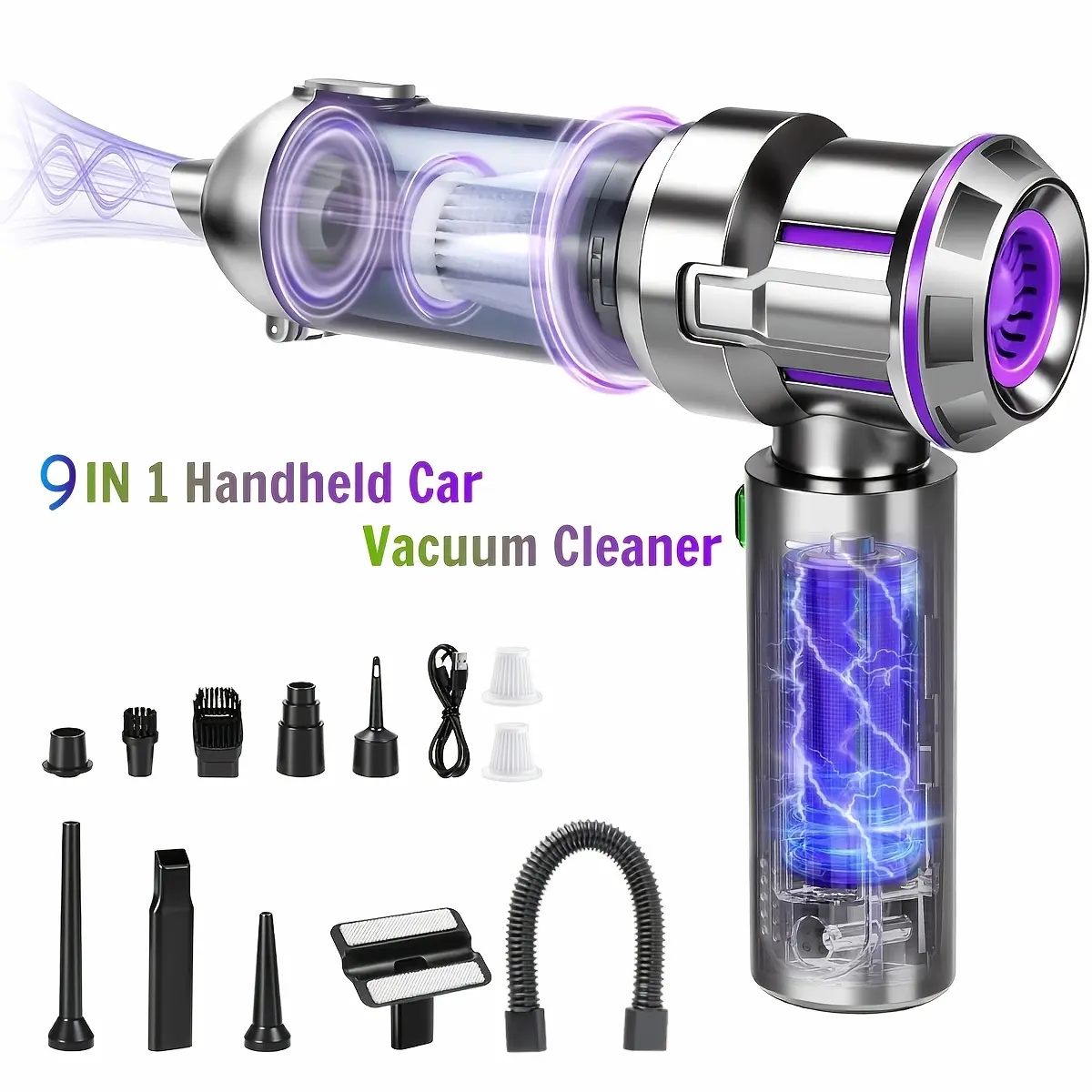 25000PA High Power 9in 1Wireless Handheld Car Vacuum Cleaner, Integrated Blowing And Suction with Includes Multiple Attachments, Rechargeable Brushless Motor with Washable Filters, Low Noise, Suitable for Cars And Homes, Pet, Office