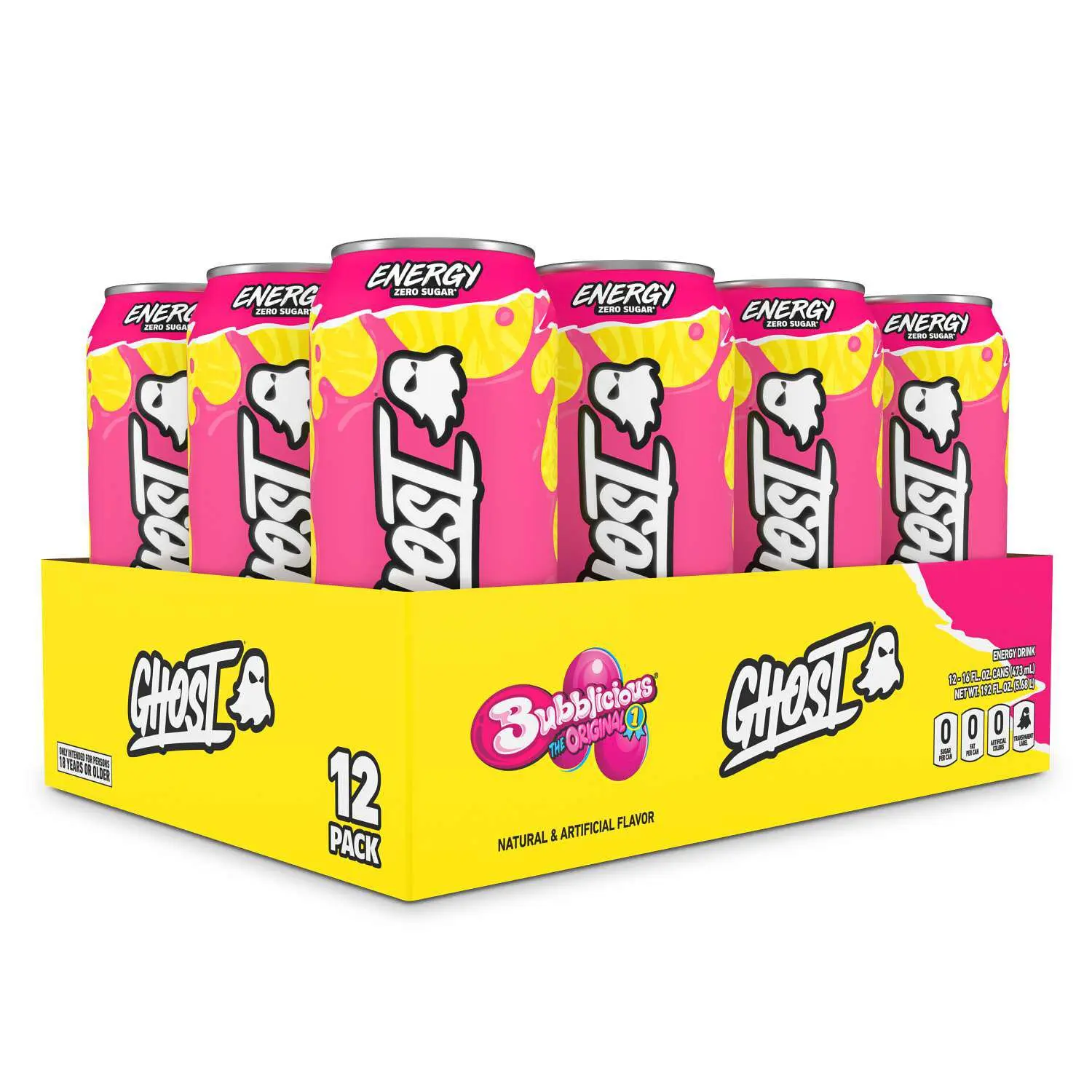 GHOST Energy Drink Zero Sugar 12 Pack - Bubblicious Original, 200mg of Natural Caffeine, L-Carnitine & Taurine - No Artificial Colors, Gluten Free & Vegan - 16 Fl Oz Cans, Pre Workout Drink