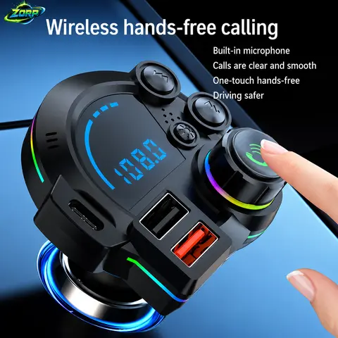 ZORP Bluetooth Car Adapter - Bluetooth 5.3 FM Transmitter, PD 20W+QC3.0 Type-C Port Charger, Dual USB Ports, Bass Enhancement, RGB Lights, LED Screen, Handsfree Calling, 12V-24V Wireless MP3 Radio Accessory