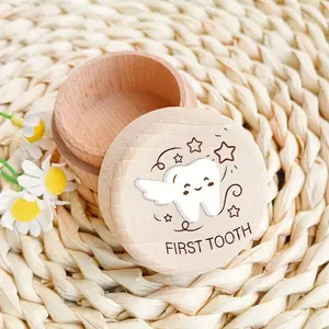 1 wooden "FIRST TOOTH" box with 3D white tooth pattern design, used for tooth preservation, tooth storage, tooth collection, birth souvenirs, home decoration, birthday gifts