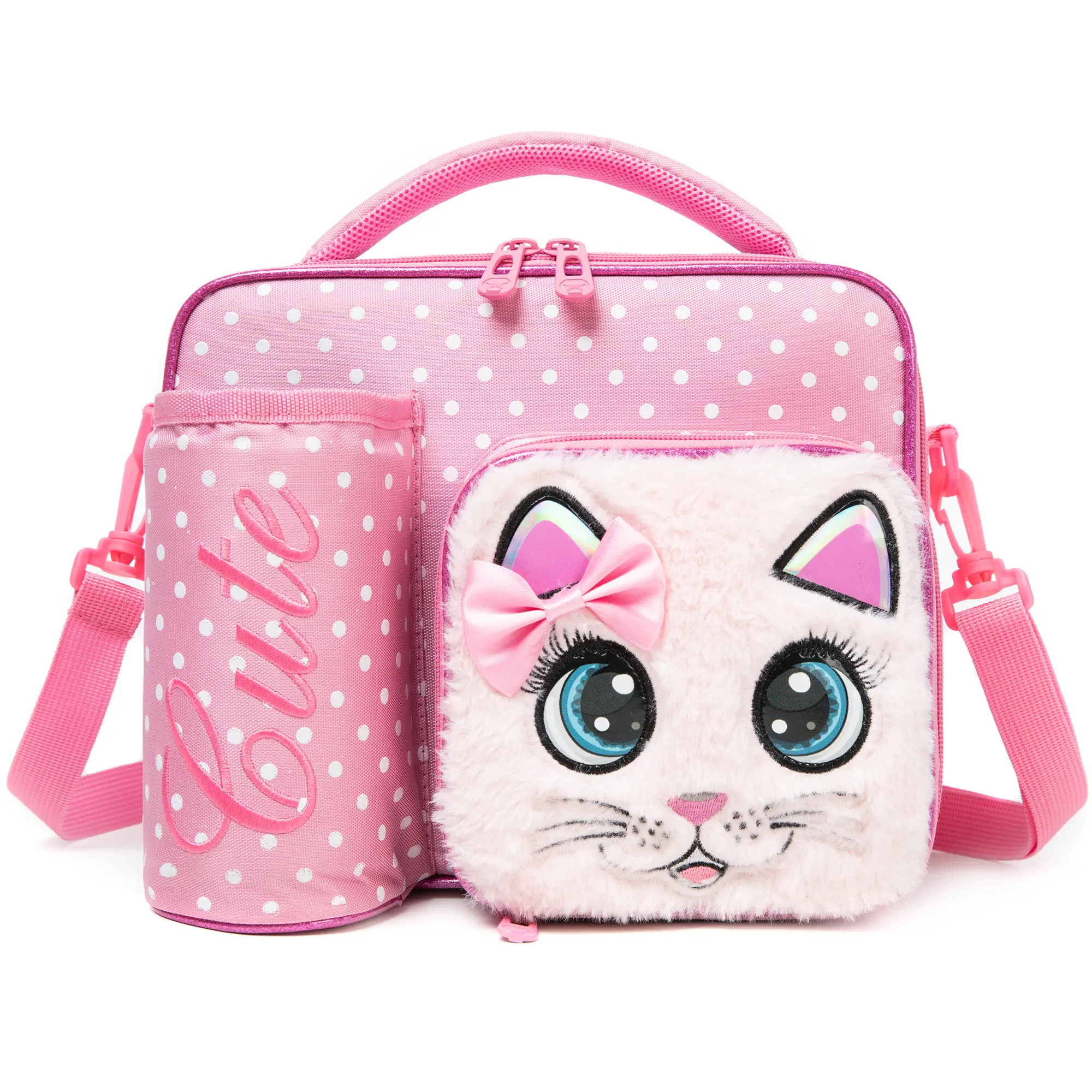 Kids' Furry Big-Eyed Pastel Reusable Zipper Lunch Bag - Cute Pink Cartoon Character Handbag, Kids' Fashion Accessory, Lunch Bag Gift student daily travel