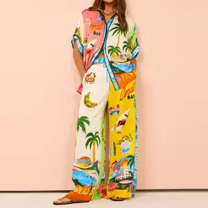 2025 Independent Station European and American Women's Clothing Multicolor Printing Elastic Waist with Pocket Wide Leg Leisure Fashion Suit Women's Two-Piece Set Womenswear Baggy Loose Oversize