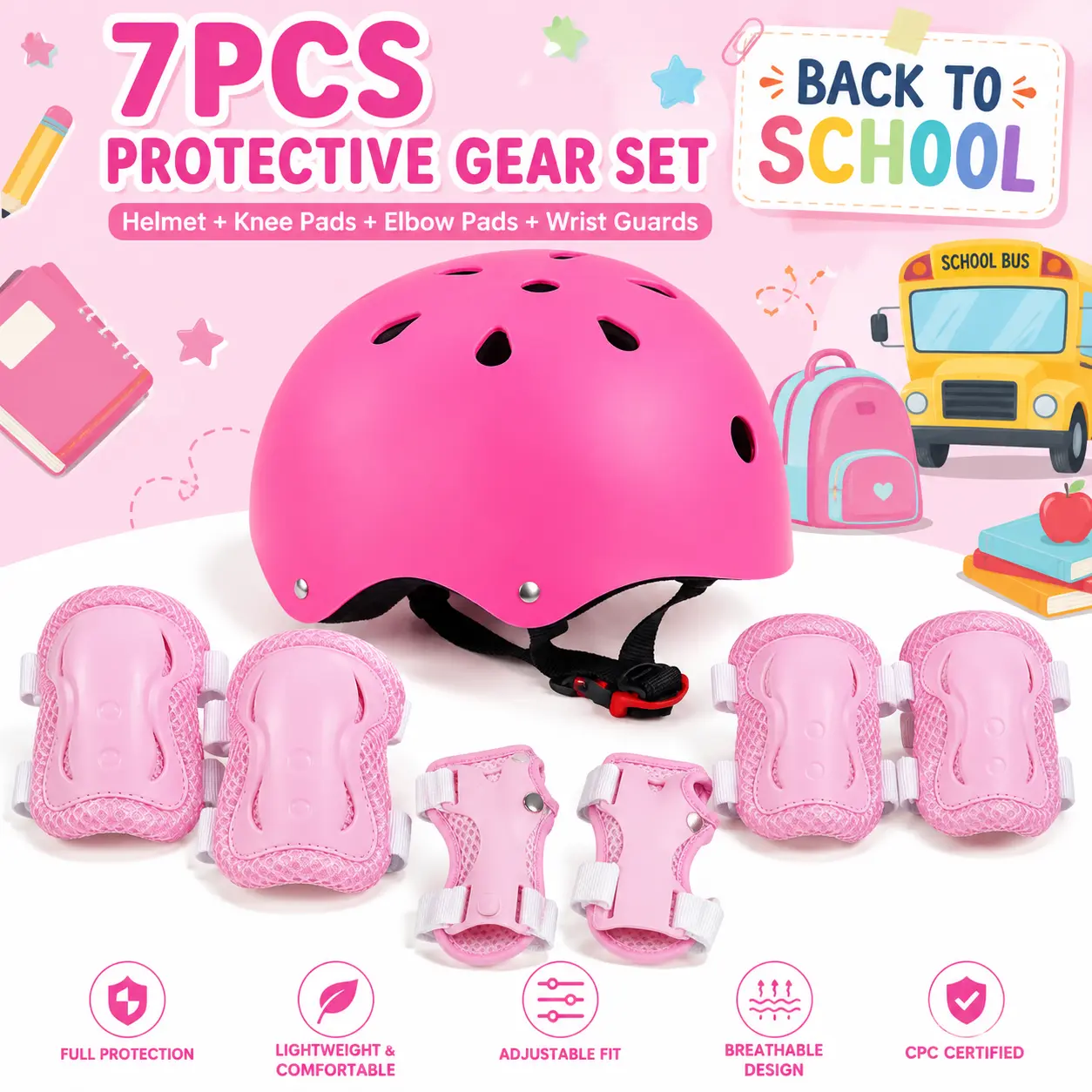7PCS Kids Bike Helmet and Protective Pads Set, Adjustable Helmet with Knee Elbow Pads and Wrist Guards for Skating, Scooter, Cycling and Skateboarding, Ages 3-10