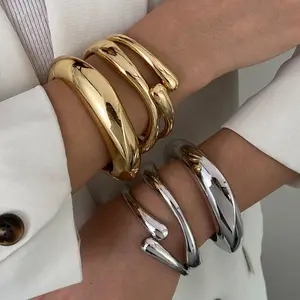 JEWELRY4U - 3 Styles Vintage Hip Hop Metal Cuff Bangles Punk Gold Silver Color Geometric Spring Bangles For Women Bracelet Men Jewelry