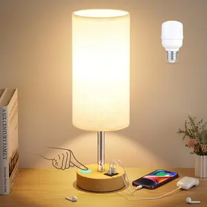 Hoodink Bedside Table Lamp for Bedroom - 3 Way Dimmable Touch Lamp with USB & USB-C Charging Ports, AC Outlet, LED Bulb Included, Wood Base, Flaxen Fabric Shade