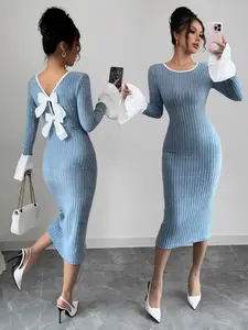 Elegant Backless Bow Dress, Slim Fit Underwear Dress, Autumn Winter Women's Clothing, Pair with Coat, Fashionable and Sexy