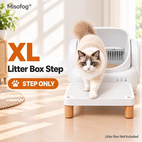 Misofog XL Wood-Legged Cat Litter Box Entry Aid - 11.8"x7.9"x3.6" ABS Step-Ramp, Large Mesh Pedal Trapper, Non-Slip Elevated Step, Easy-Clean Floor Protector, Tracking Reducer for Automatic Litter Boxes, Pet Lovers,familyfun