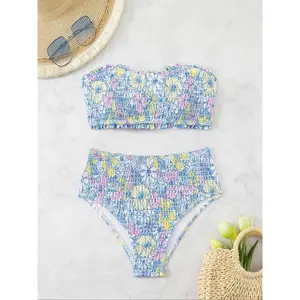 Women's Floral Print Bikini Set, Casual Frill Trim Shirred Bandeau Swim Bra & High Waist Swim Panty, Swimsuit for Beach Holiday Vacation, Flower Print Bikini