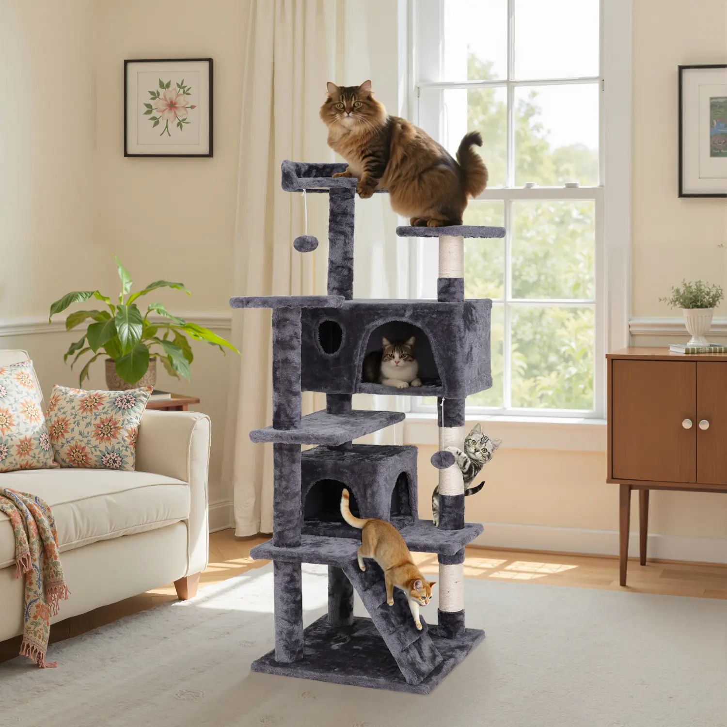 Pet Republic 55-in Multi-Level Plush-Covered Cat Tree Tower - Indoor Home Cat Condo with Vertical Scratcher, Ladder, Dangling Balls, Cozy Sleep Space, Wall-Mount Kit for Stability, Dark Gray (for Kittens)