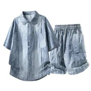 Vintage Denim Set Men’s Workwear Shirt Jacket Summer Short Sleeve Shorts Casual Fashion Set TZ6962