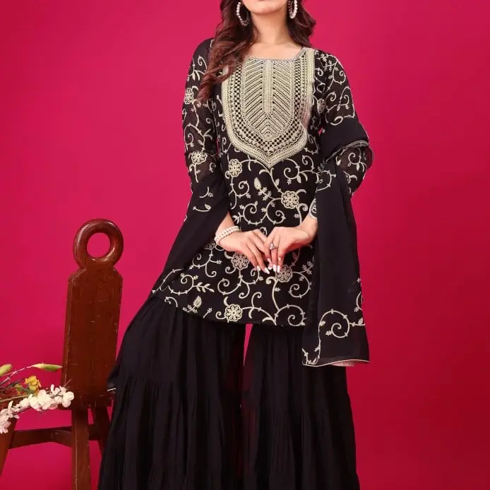Women's black Georgette Casual Sharara Suit with Intricate Design and Long Sleeves for Summer Wear - Clothes, Womenswear
