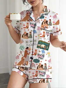 Women's Fox Daisy Print Pajama Set, Valentine's Day Party Sleepwear, Soft Shirt & Elastic Shorts, Casual Home Wear, All Seasons