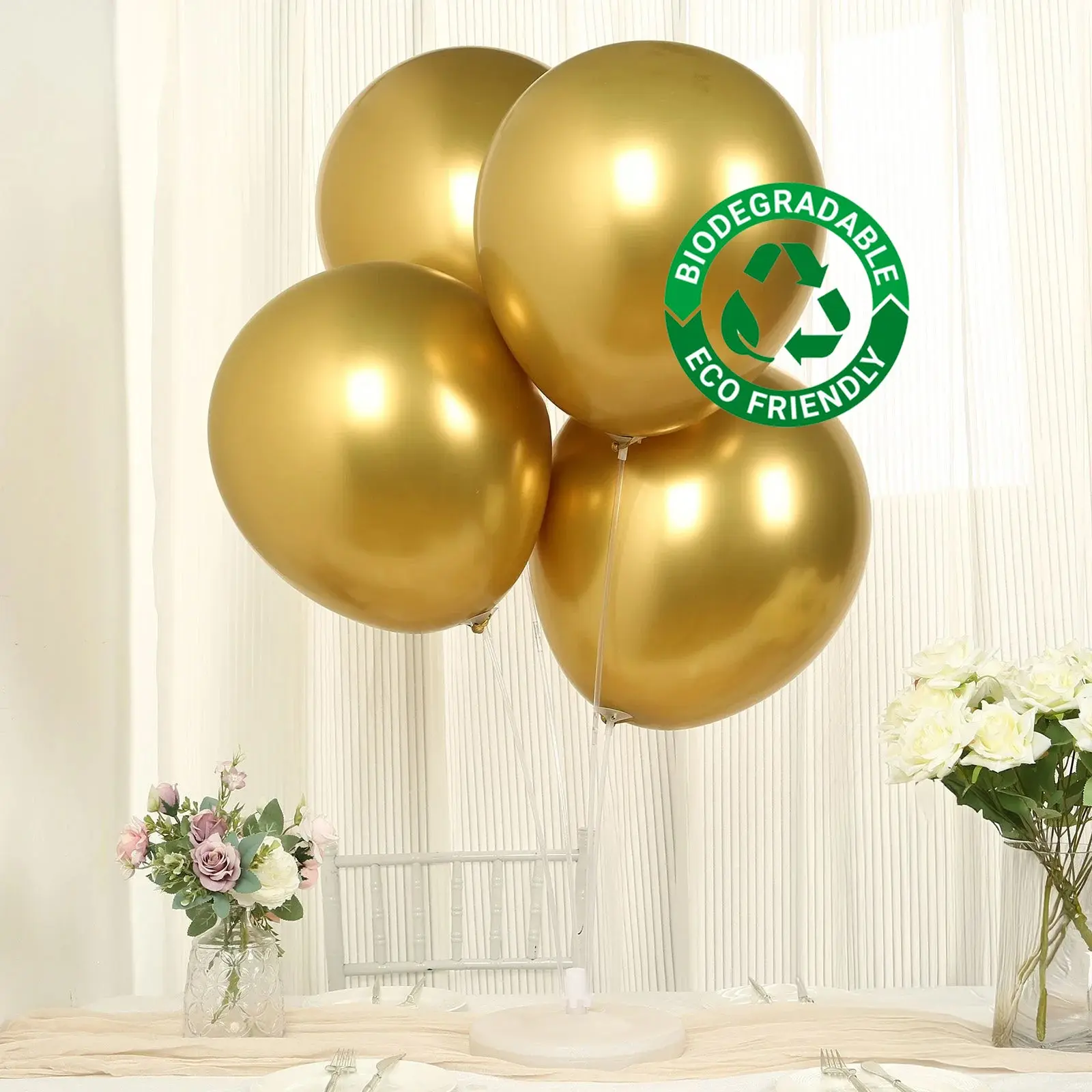 10-Pack 18in Chrome Gold Thick-Wall Biodegradable Latex Balloons, Eco-Friendly Metallic Elegant Options for Balloon Decor, Birthday, Graduation