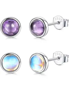 2 Pairs Moonstone Stud Earrings Natural Round Gemstone Earrings for Women Onyx Labradorite Amethyst Green Peridot Stud Earrings Hypoallergenic 4 mm Halo Earrings Set Fashion Jewelry Earrings