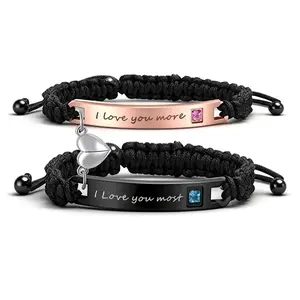 Veliora  B Couple Bracelets His Queen Her King, Matching Braided Bracelets with Heart Charm, Adjustable Lovers  Adjustable Braided Rope Bracelets with Heart Charm, Matching Lovers Jewelry  Valentine’s Day  for Him and Her Elegant Rose Bear Necklace Gift