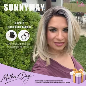 Sunnymay “Sophie Cashmere Blonde” layered cut women’s fashion synthetic wig, 13×4 lace front, no gel design, 120% low density, pre-cut lace, HD frontal highlight bob wig