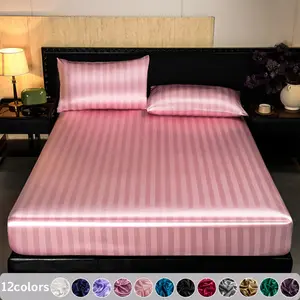 2/3pcs Luxury Striped Satin Fitted Sheet Set, Silky Soft Solid Color Bedding with 1 Fitted Sheet and 2 Pillowcases, Breathable Cooling and Skin-Friendly, Dustproof and Stain-Resistant Mattress Cover, Machine Washable, Ideal for Bedroom, Dorm and Hotel, Mu